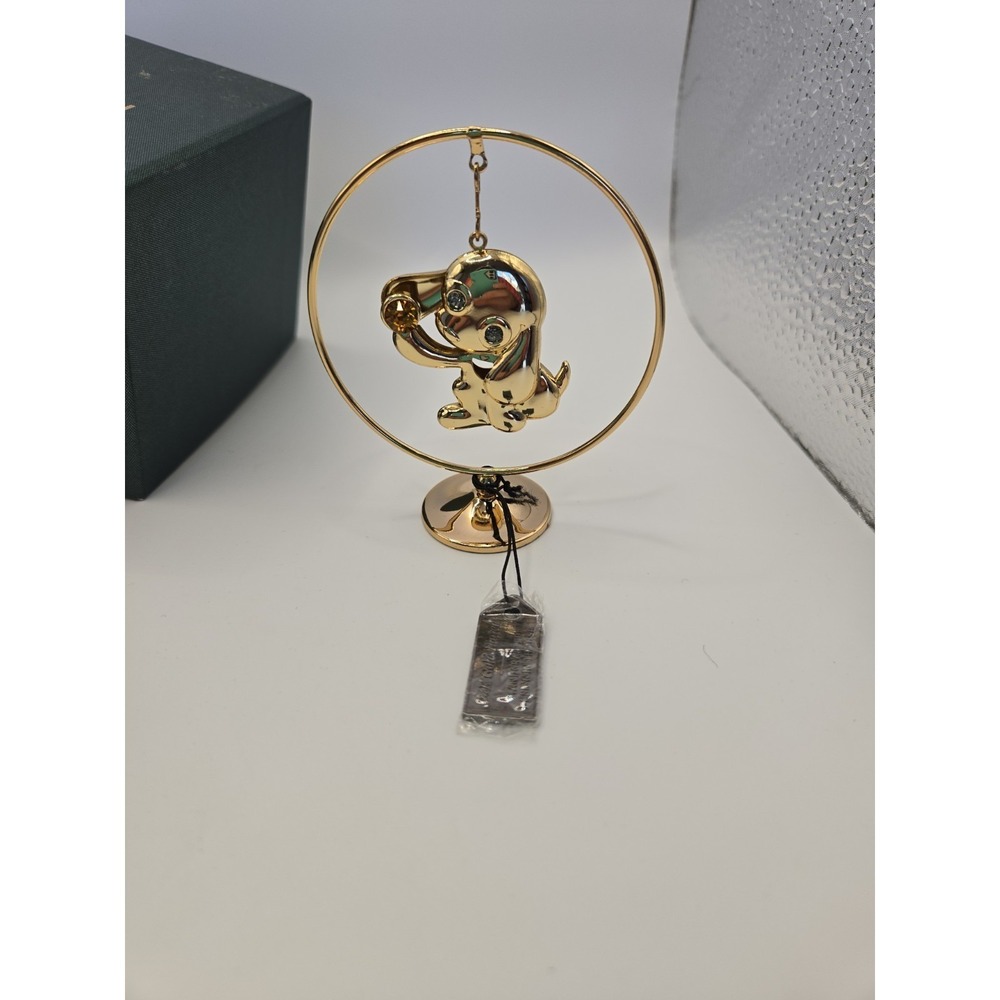 Matashi 24K Gold Plated Puppy Crystal Eyes Desk Ornament Amber Accent Dog w/ Box